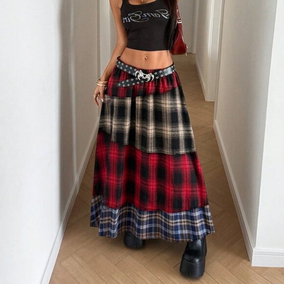 Multicolor Casual Women's Plaid Patchwork Maxi Skirt - Picture 4 of 6